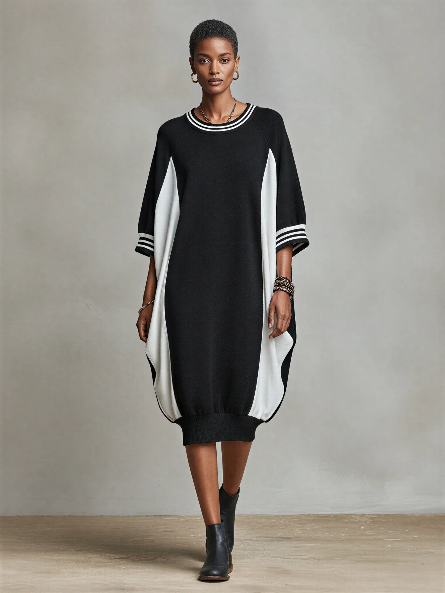 İki Renk Yan Panelli Oversize Sweatshirt Midi Elbise – Çizgili Yaka Detaylı & Kozalak (Cocoon) Kesim, Çok Yönlü Günlük & Ev Giyimi Elbise
