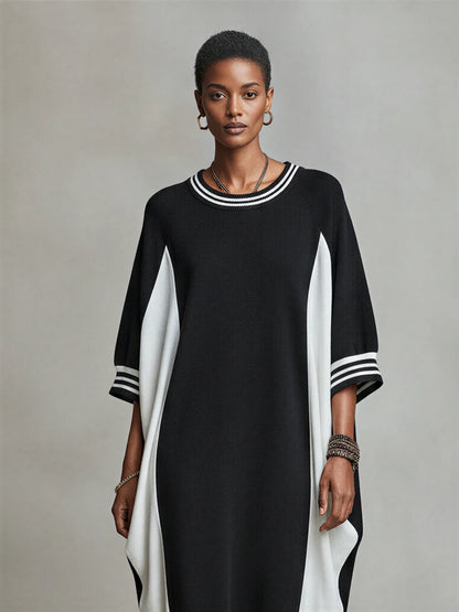 İki Renk Yan Panelli Oversize Sweatshirt Midi Elbise – Çizgili Yaka Detaylı & Kozalak (Cocoon) Kesim, Çok Yönlü Günlük & Ev Giyimi Elbise