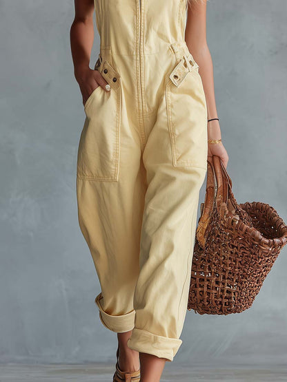 Retro Kare Yaka Ön Fermuarlı Açık Sarı Denim Kadın Tulum