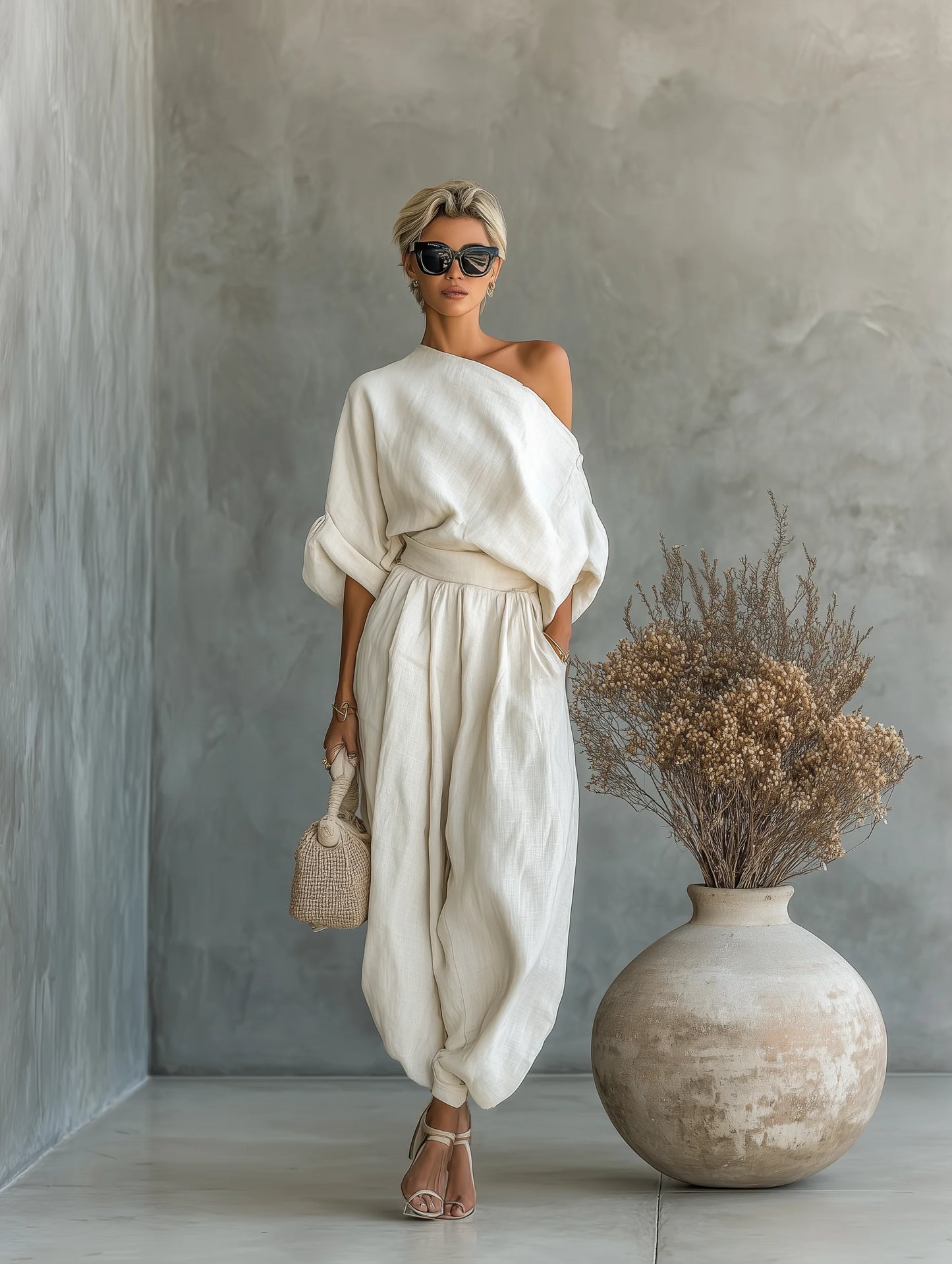 Kadın Ekru Keten Omuz Açık Bol Casual Takım – Rahat Üst & Havuç Kesim Pantolon Seti