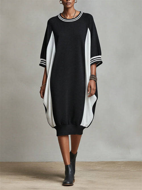 İki Renk Yan Panelli Oversize Sweatshirt Midi Elbise – Çizgili Yaka Detaylı & Kozalak (Cocoon) Kesim, Çok Yönlü Günlük & Ev Giyimi Elbise