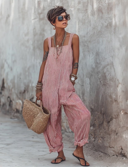 Kadın Minimalist Çizgili Bol Kesim Kare Yaka Kolsuz Tulum